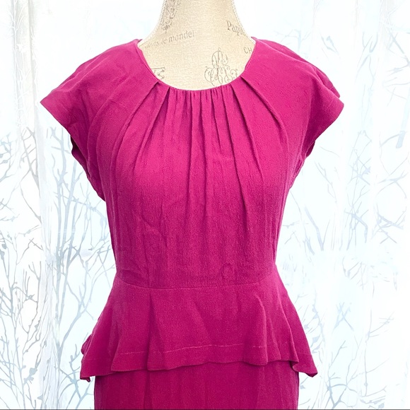 Sandro ribambelle pink purple pleated scoop neck short sleeve peplum midi dress - Picture 3 of 8